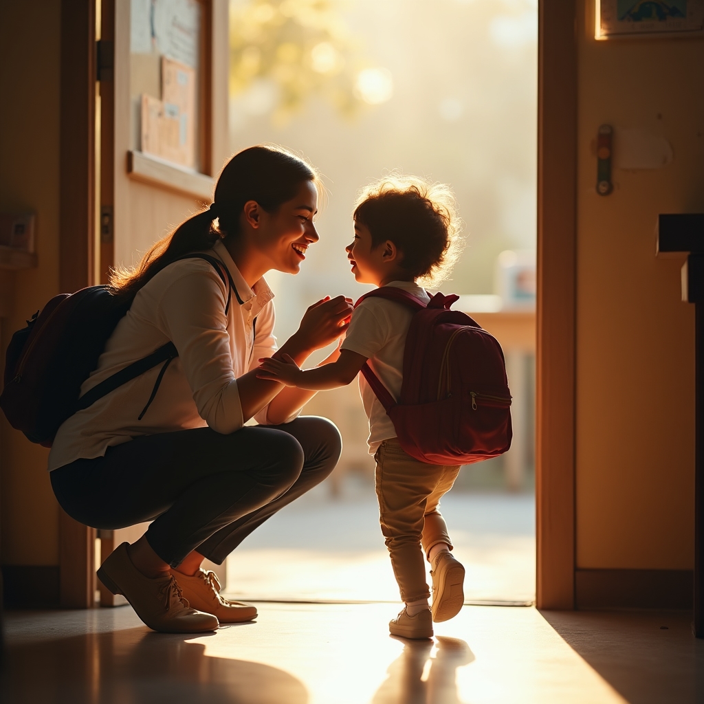 A parent crouching down to greet their child warmly at the end of an afternoon pickup