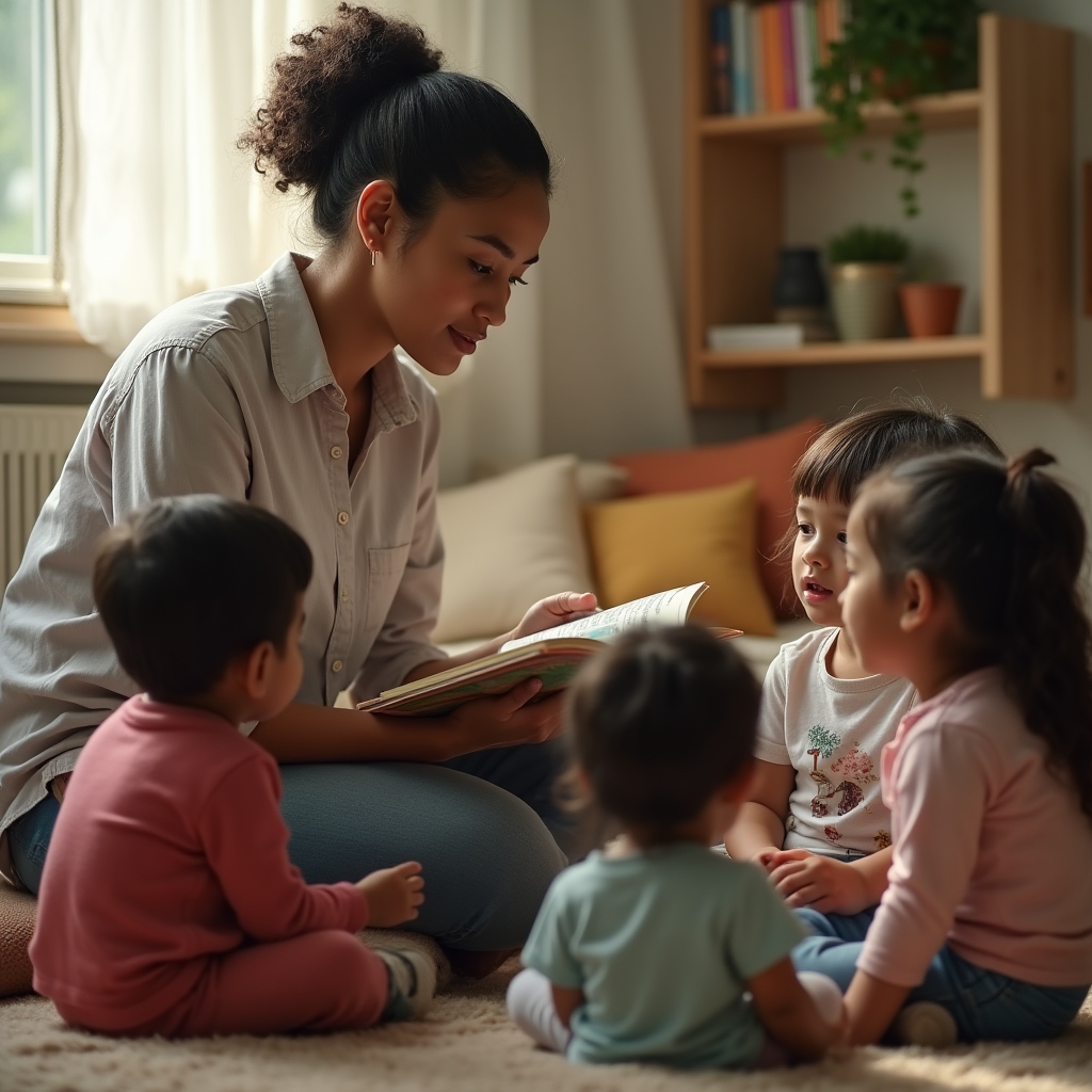 An educator reading an English picture book aloud to a small seated group of children