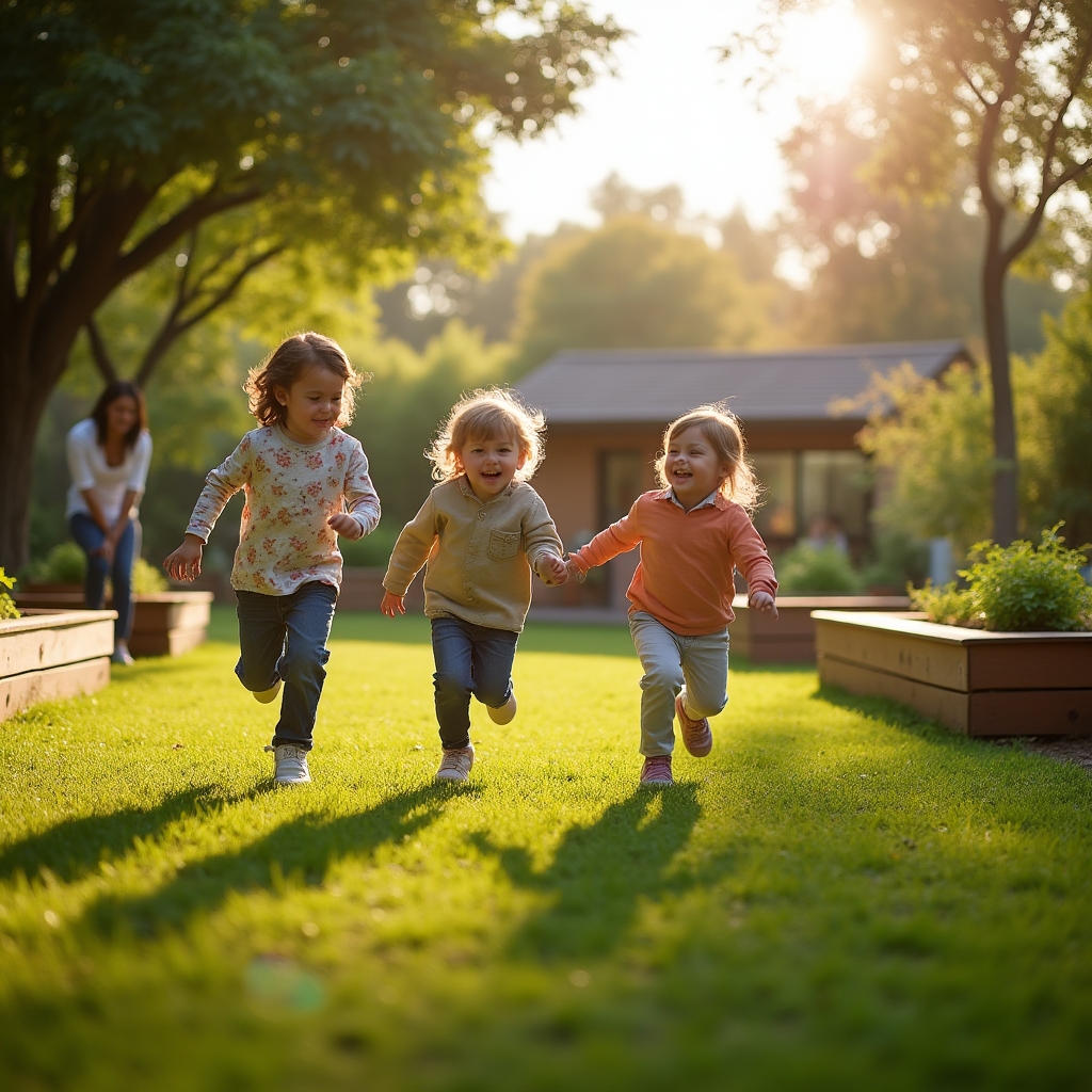 Children running across a grassy garden area with a wooden play structure in the background