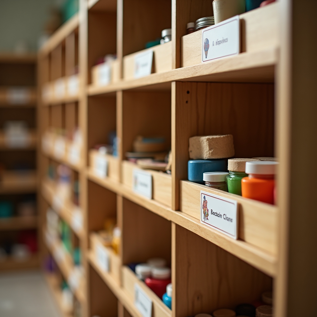 A wall of open shelving holding labelled trays of paint, brushes, paper and clay for a children's art studio