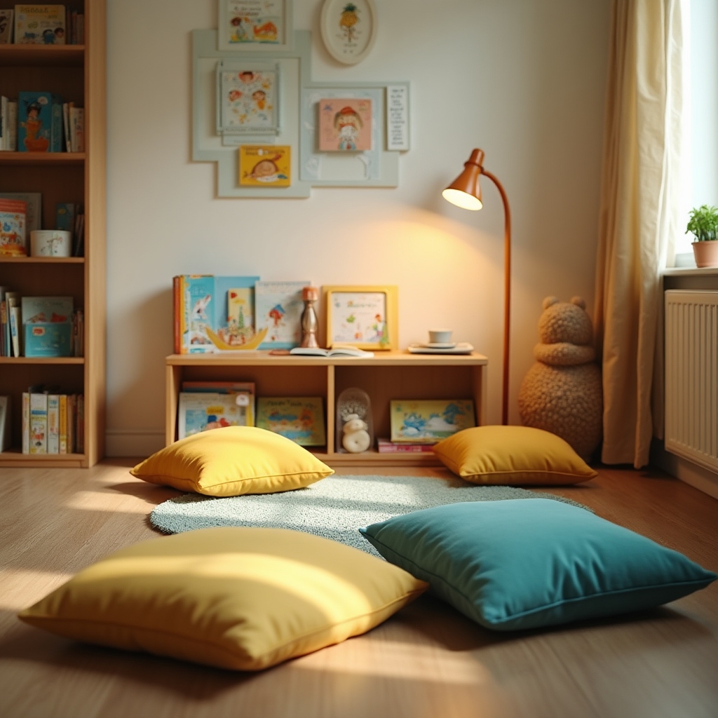A cosy reading corner with floor cushions and low bookshelves filled with children's picture books